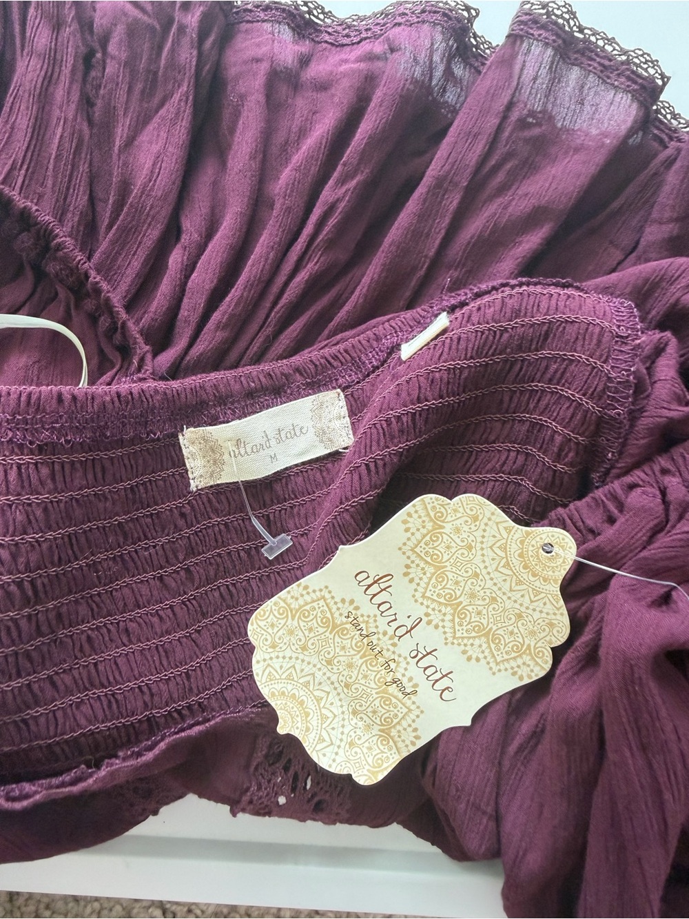Altar'd State Plum Lace-Trim Peasant Blouse Size M Boho Chic Festival Romantic - Picture 9 of 11